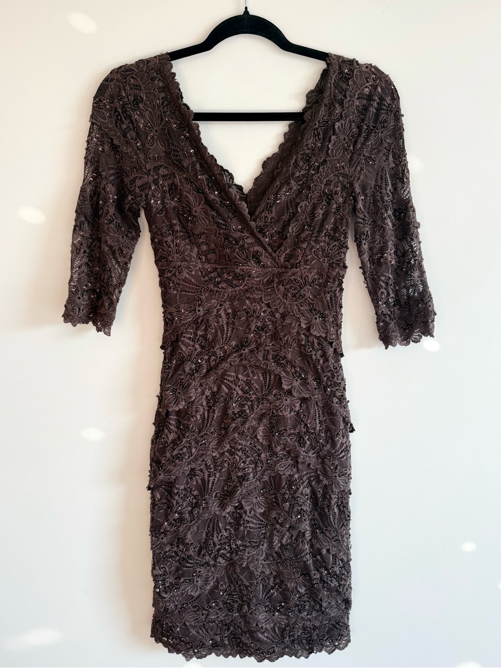 Vintage Chocolate Brown Sequin Lace Midi Dress Romantic Goth Y2K